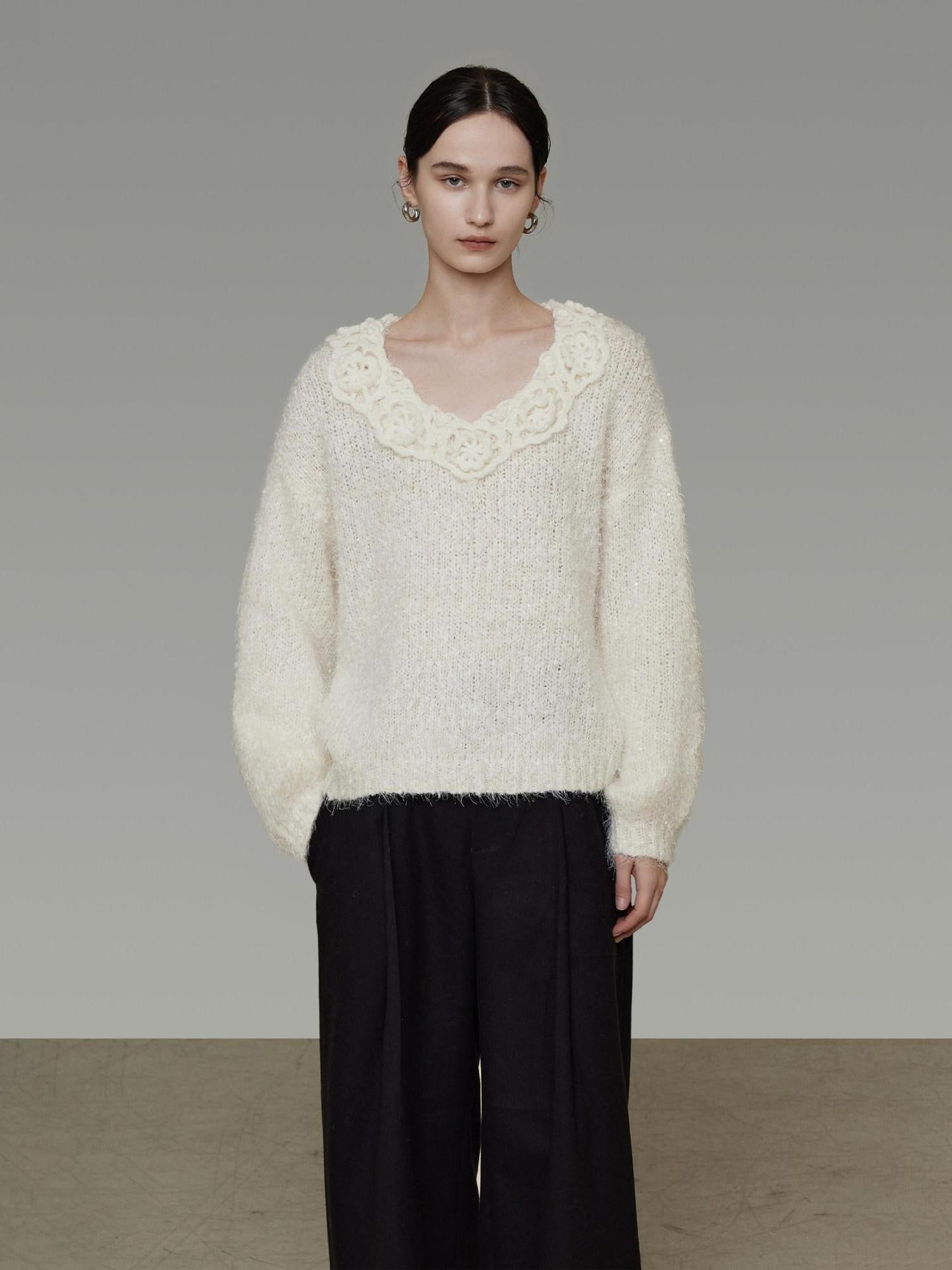unspoken Cozy Minimal Commuter V-neck Crochet Knit Loose Women Pullover Sweaters