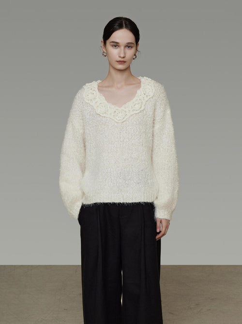 unspoken Cozy Minimal Commuter V-neck Crochet Knit Loose Women Pullover Sweaters