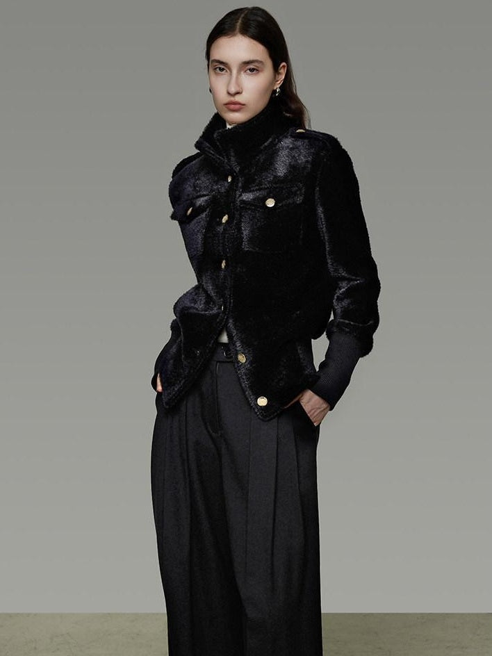 unspoken Tailored Slim Minimalist Commuter Stand Collar Women Black Short Coat