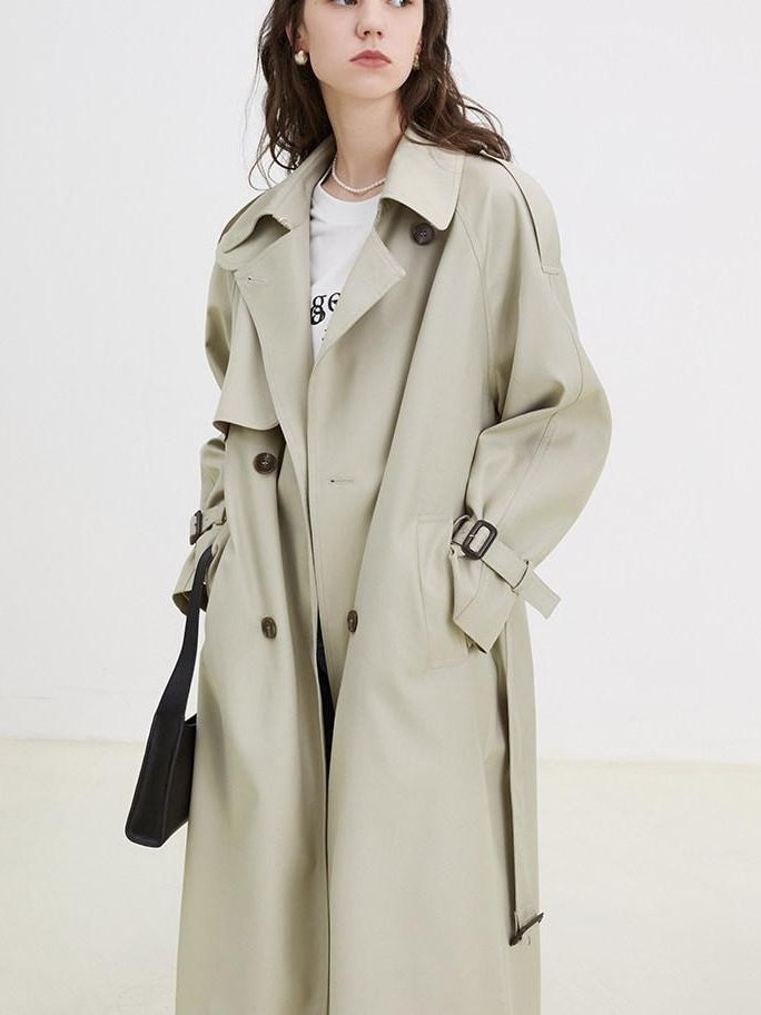 fano Classic Double Breasted Long Straight Fit Commuter Women Khaki Trench Coats