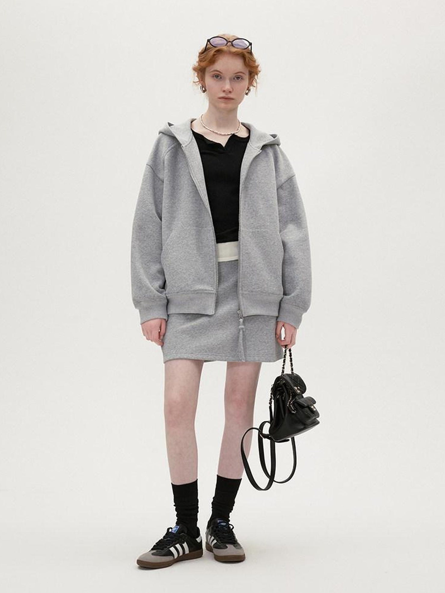 fano Hooded Zip Cotton Blend Loose Fit Minimalist Commuter Gray Top & Skirt Sets