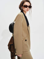 audreyyang Khaki Contrast Lapel Blazer Slit Loose Fit Long Sleeve Women Top & Skirt Sets