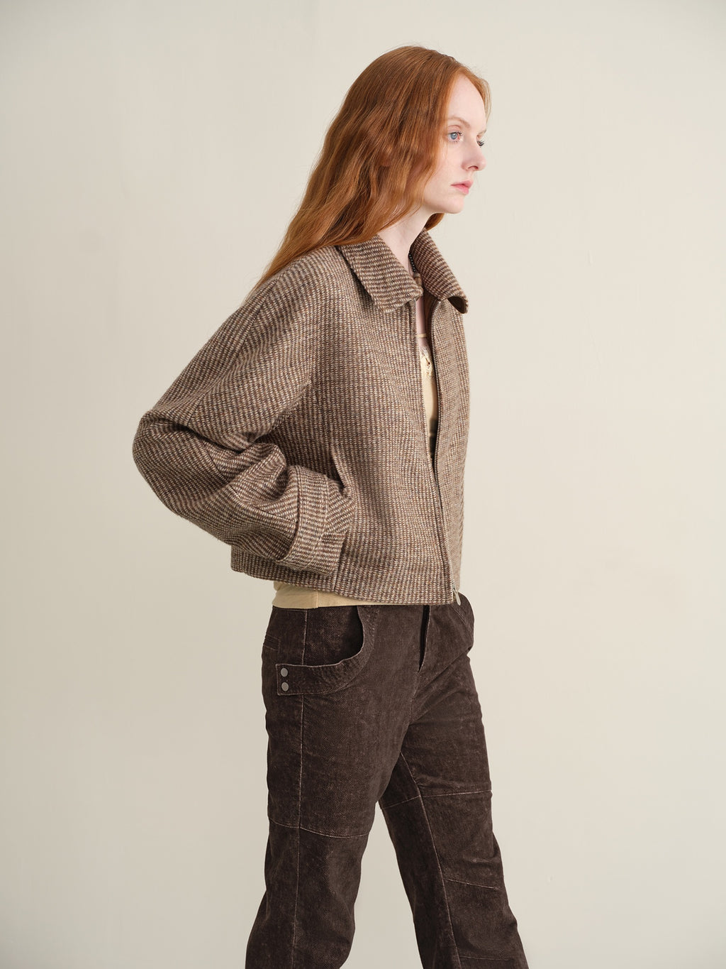 someone sometimes Wool Blend Retro Loose Zip Lapel Long Sleeve Women Multicolor Cropped Jackets