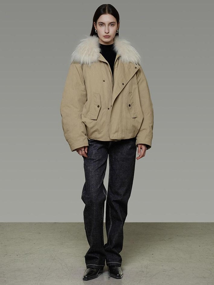 unspoken 90% White Duck Down Fur Collar Loose Commuter Khaki Zip Lapel Down Jackets