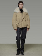 unspoken 90% White Duck Down Fur Collar Loose Commuter Khaki Zip Lapel Down Jackets