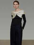 unspoken Comfortable Loose One Shoulder Long Sleeve Women Colorblock Black Beige Blouses
