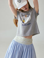 fano Creative Printed Slim Korean Short Sleeve Heather Gray Cotton Basic Crop Tops