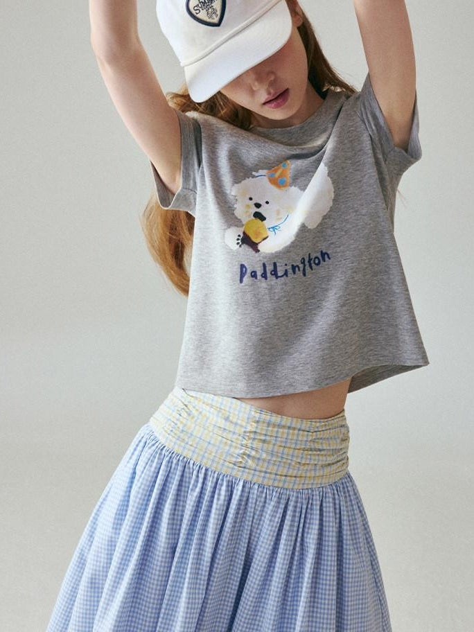 fano Creative Printed Slim Korean Short Sleeve Heather Gray Cotton Basic Crop Tops
