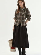 fano Soft Cotton Tie Bow Plaid Long Sleeve Stand Collar Office Cardigan Women Blouses