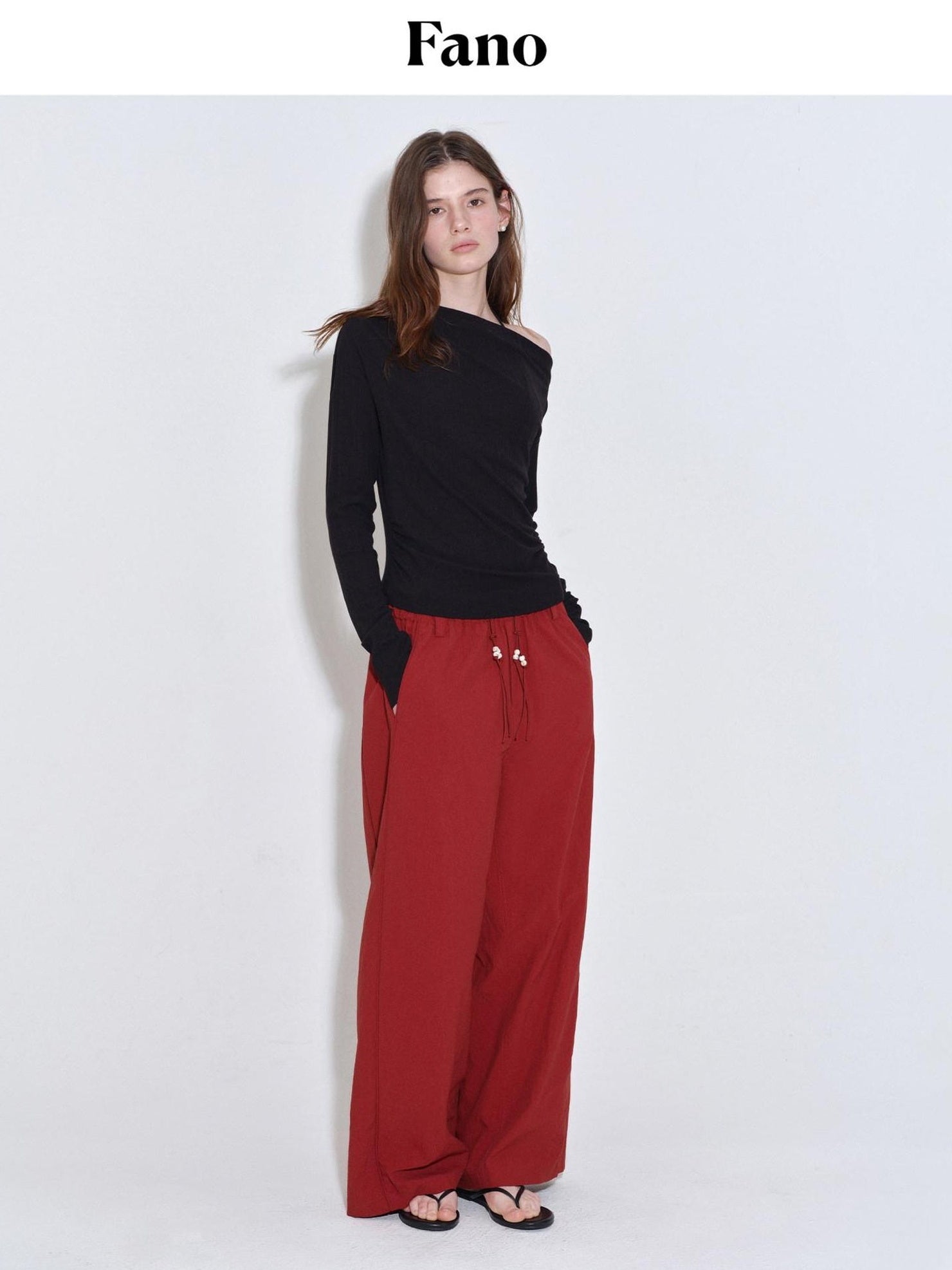 fano High Waist Elastic Minimal Korean Workwear Wide Leg Nylon Red Straight Pants