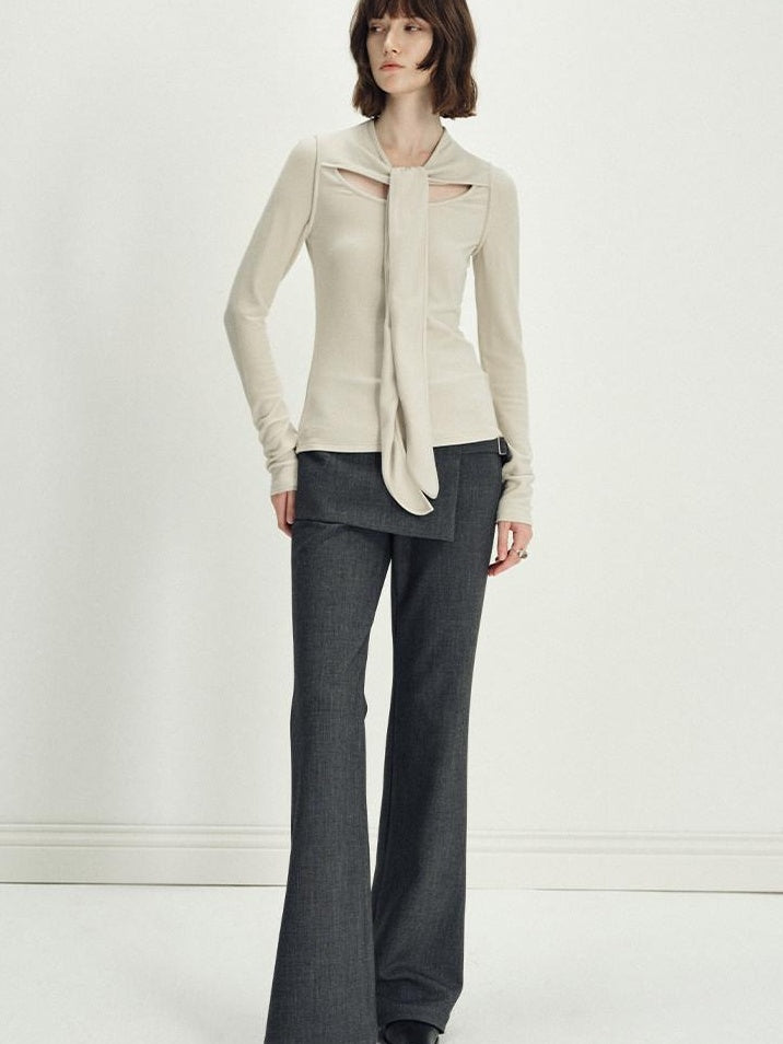 someonesometimes Asymmetrical Tie Natural Waist Micro Flare Women Polyester Blend Flared Pants