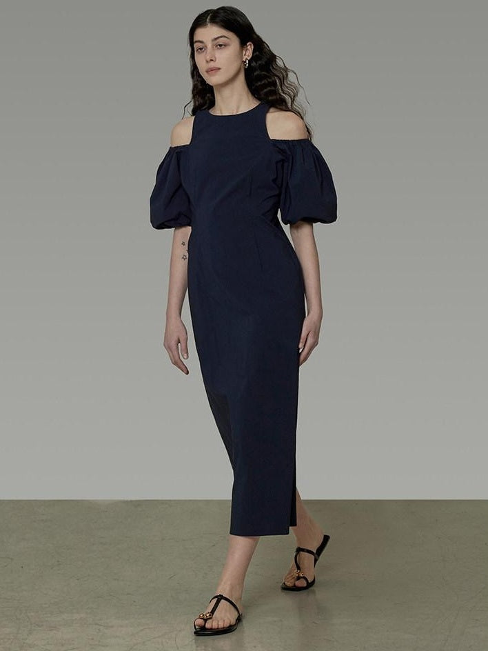 unspoken Slimming Waist A Line Irregular Hem Puff Sleeve City Navy Maxi Dresses
