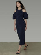 unspoken Slimming Waist A Line Irregular Hem Puff Sleeve City Navy Maxi Dresses