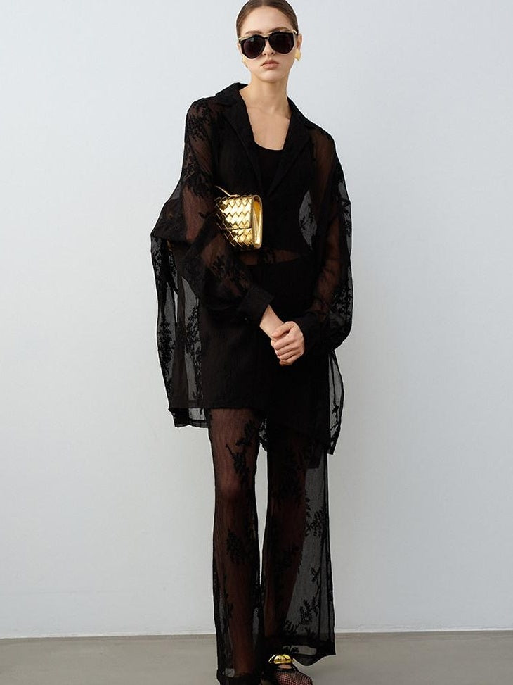 audreyyang Polyester Two Piece V-neck Long Sleeve Tailored For Women Wide Leg Pants