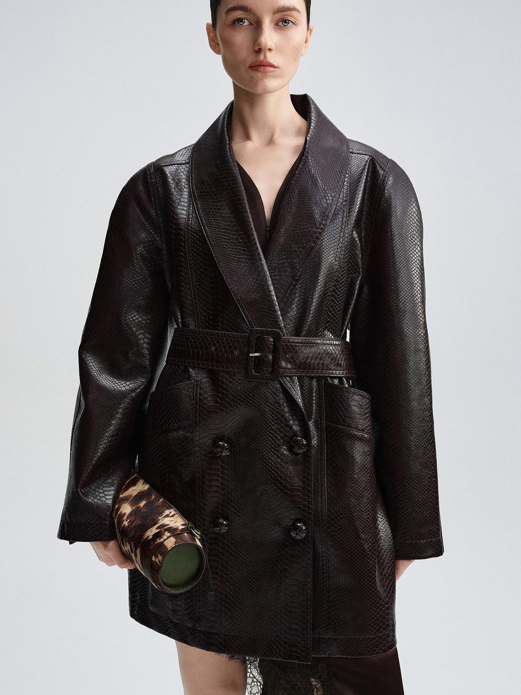 audreyyang Thick Vintage Croc Embossed Doublebreasted Midlength Women Pu Leather Jackets