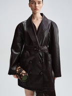 audreyyang Thick Vintage Croc Embossed Doublebreasted Midlength Women Pu Leather Jackets