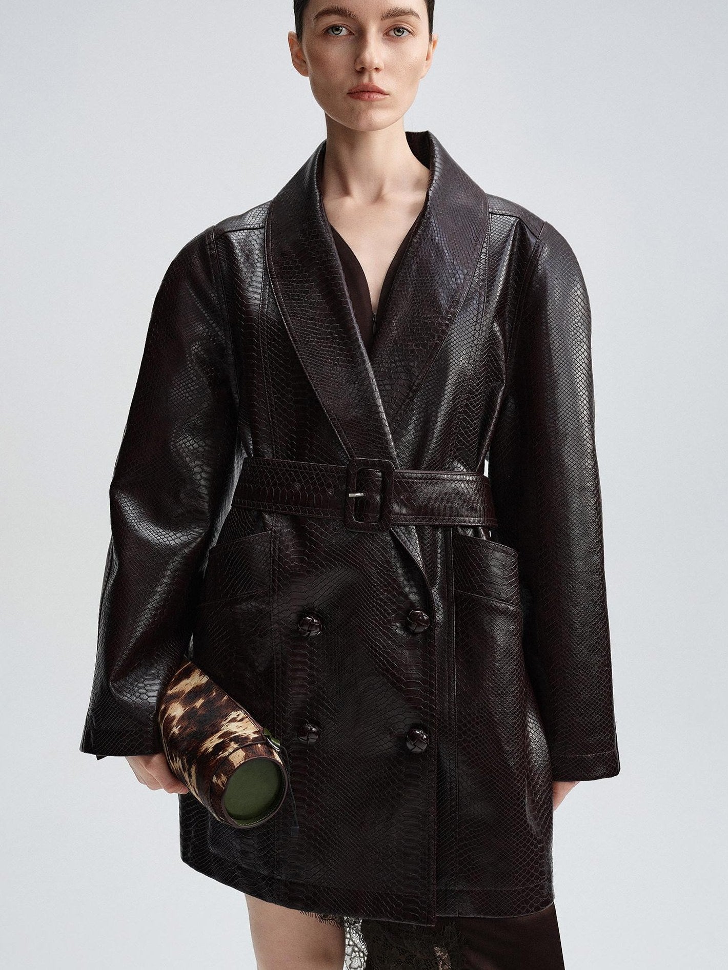 audreyyang Thick Vintage Croc Embossed Doublebreasted Midlength Women Pu Leather Jackets