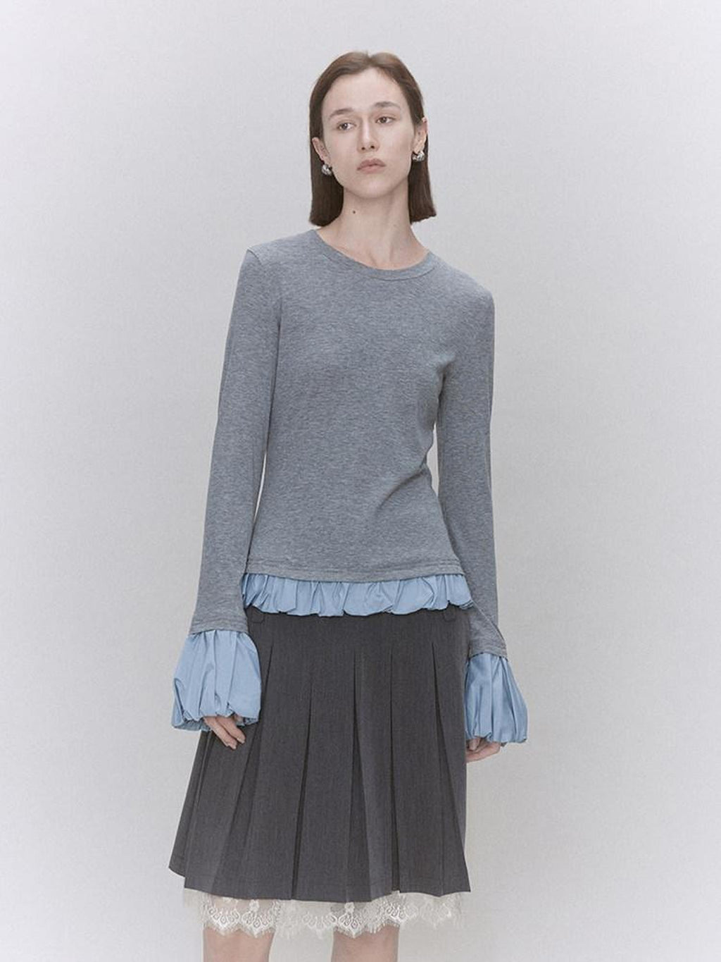 someone sometimes Lyocell Wool Blend Low Crew Neck Office Knit Women Meteor Grey Sweaters