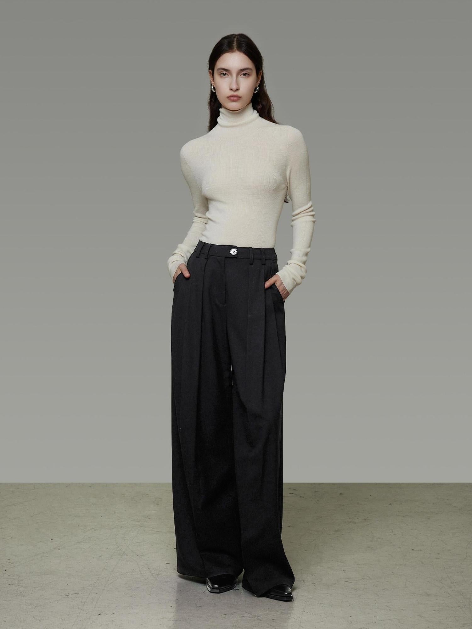 unspoken High Waist Pleated Skin Friendly Breathable Minimal Commuter Black Wide Leg Pants