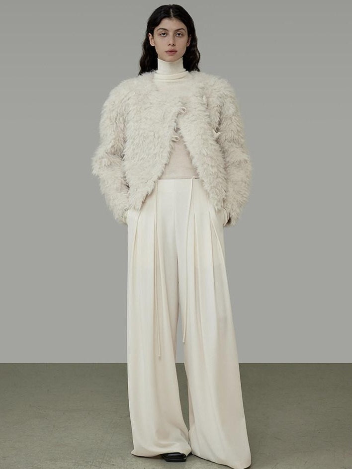 unspoken Warm Thick Minimalist Loose Fit Round Neck Ivory Workwear Cropped Jackets