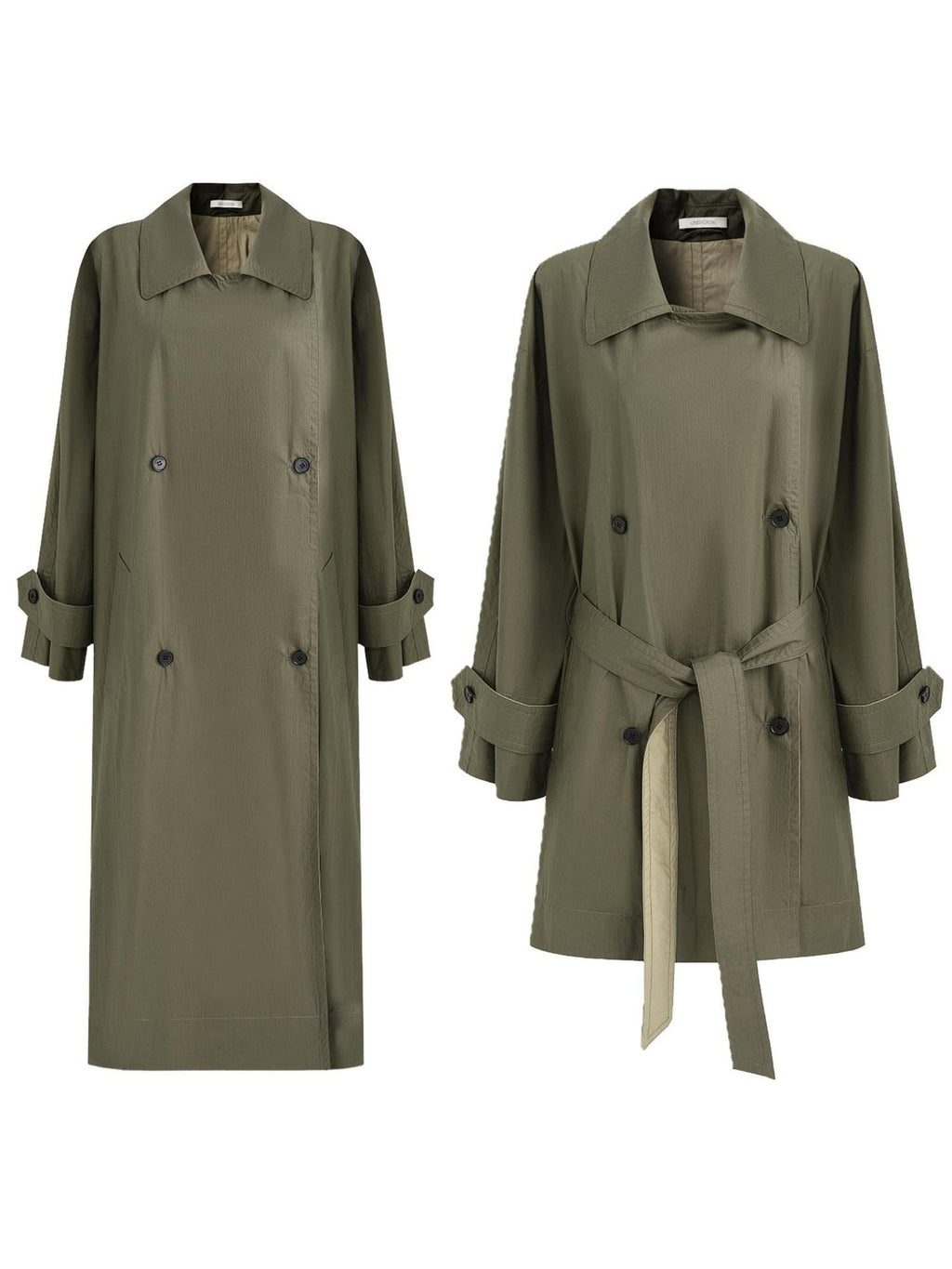 unspoken Minimal Commuter Long Double Breasted Loose Fit Women Black Olive Trench Coats