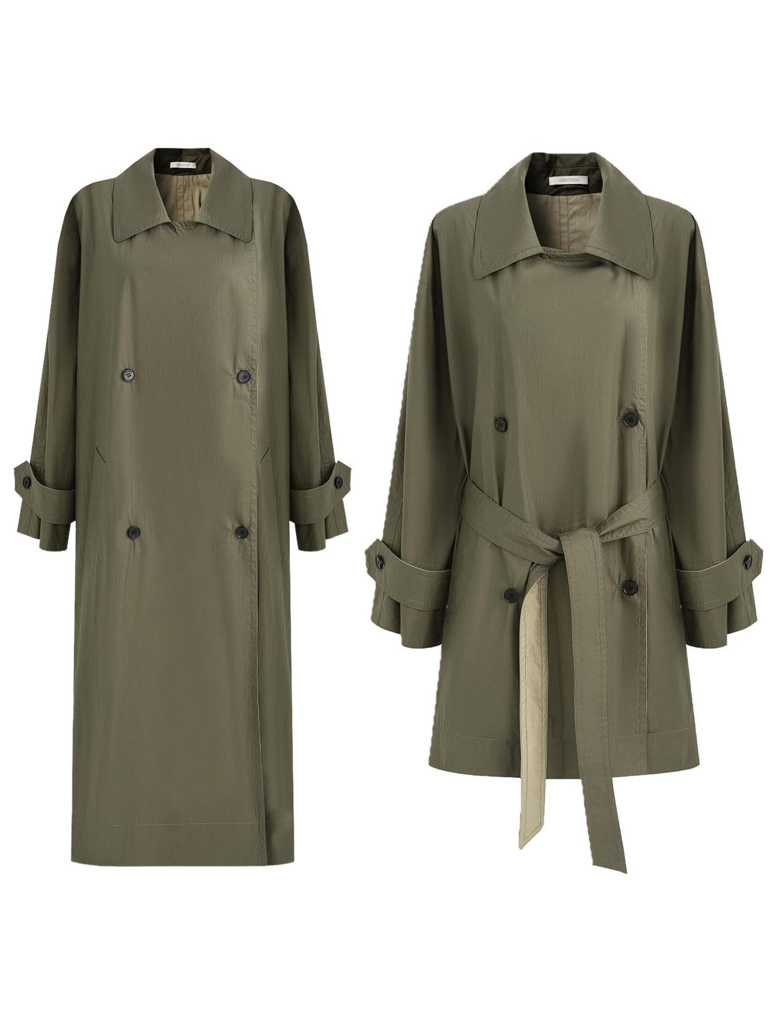 unspoken Minimal Commuter Long Double Breasted Loose Fit Women Black Olive Trench Coats