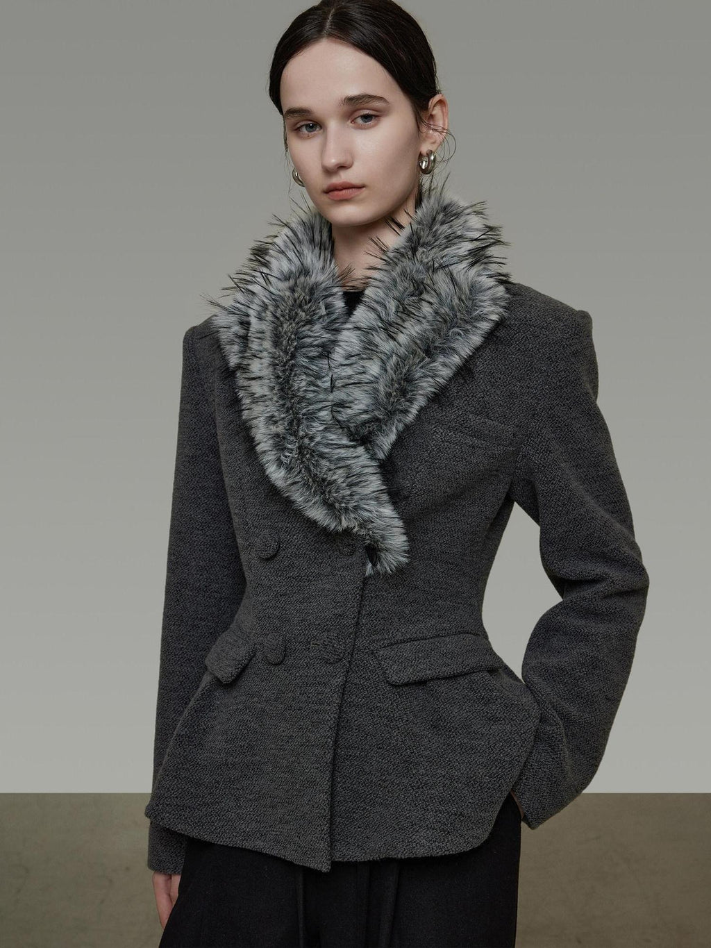 unspoken Wool Blend Double Breasted Slim Lapel Tailored Minimal Workwear Gray Short Coat