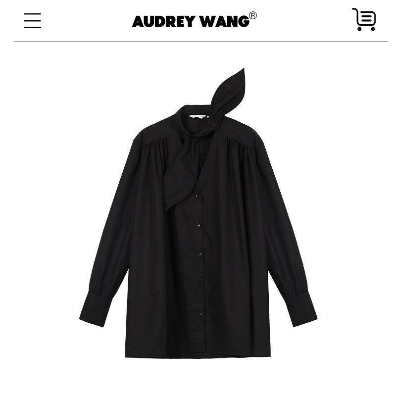 audreyyang Slimming Pleated Loose Longline Button Front Long Sleeve Women Blouses