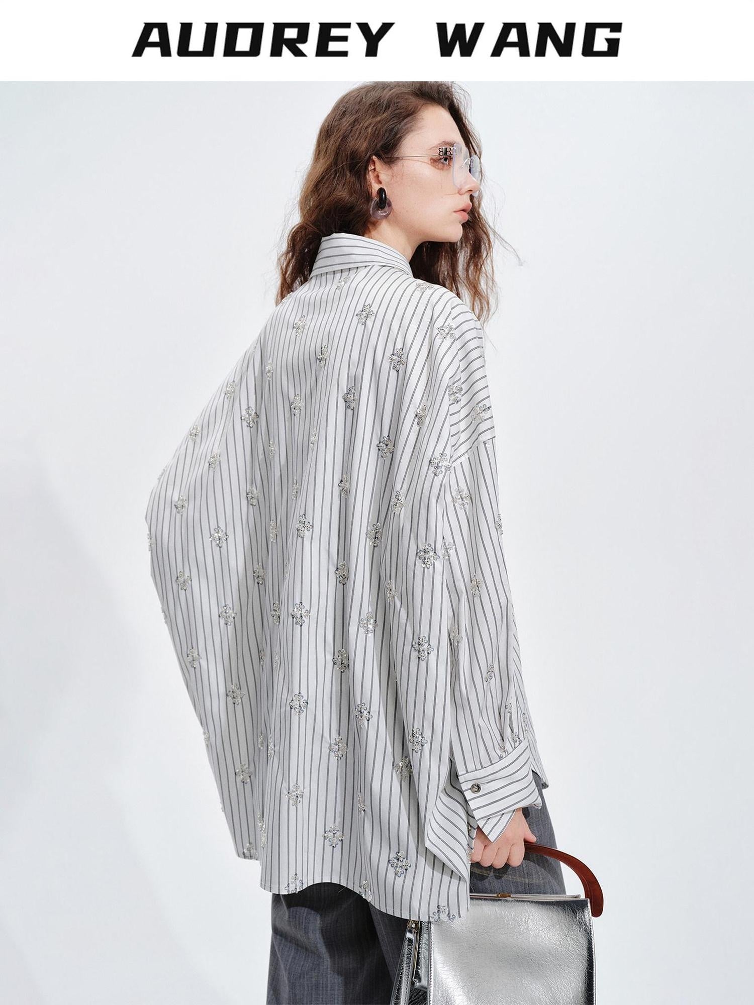 audreyyang Holds Shape Casual Loose Colorblock Striped Drop Shoulder Women Cotton Shirts