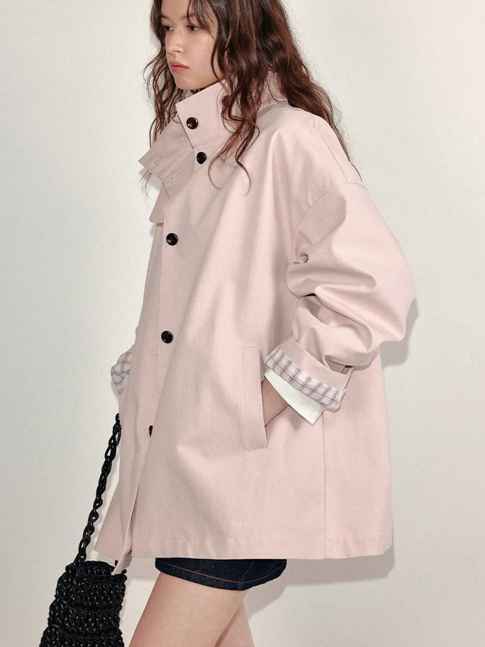 fano Peach Pink Cotton Lined Korean Loose Short Single Breasted Women Trench Coats