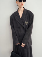audreyyang Vintage Plaid Double Breasted Loose Fit Lapel Women Work Gray Blazers