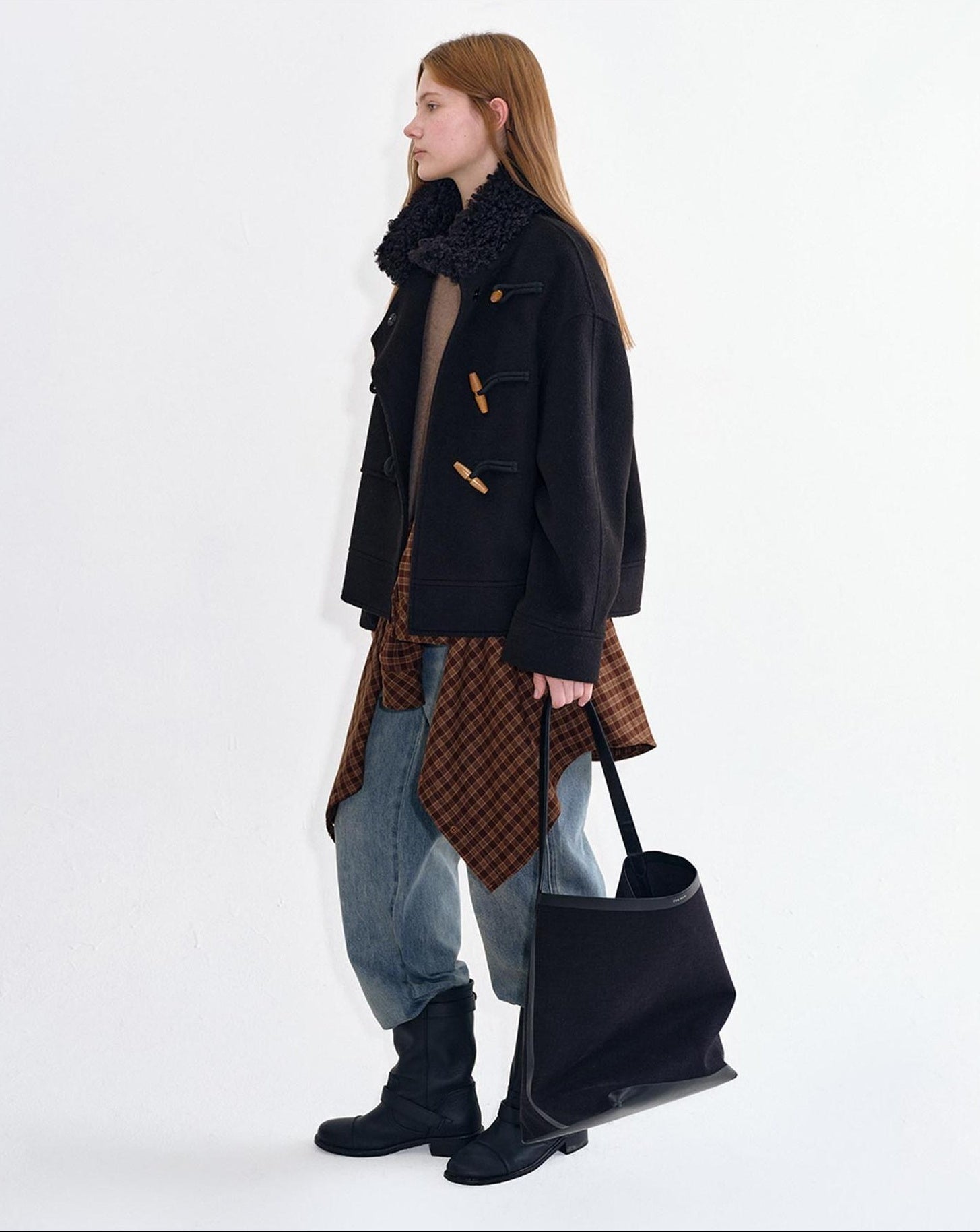 fano Soft Wool Blend Korean Oversized Lapel Collar Women Office Black Solid Short Coat
