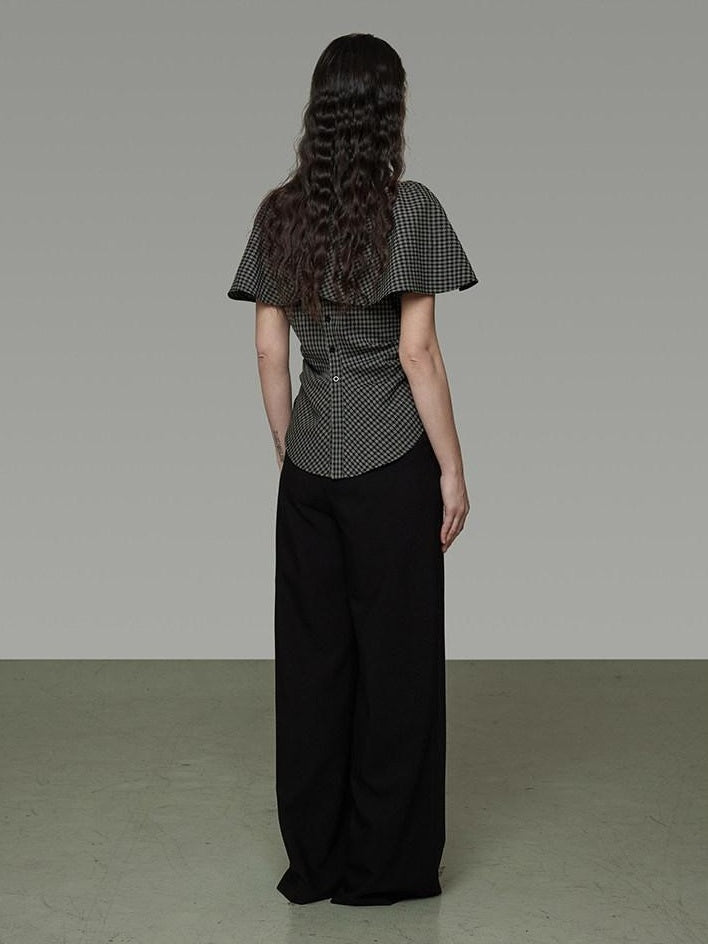 unspoken Breathable Minimal Loose Ruffle Boatneck Women Plaid Button Short Sleeve Blouses