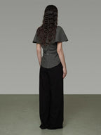 unspoken Breathable Minimal Loose Ruffle Boatneck Women Plaid Button Short Sleeve Blouses