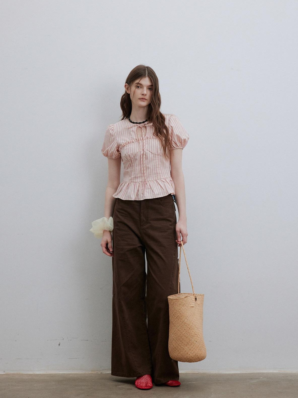Lofi choose Puff Sleeve Tie Neck Loose Fit Office Workwear Short Sleeve White Pink Blouses