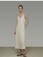 unspoken Embroidered Tencel A Line Cami V-neck Natural Waist Office White Maxi Dresses