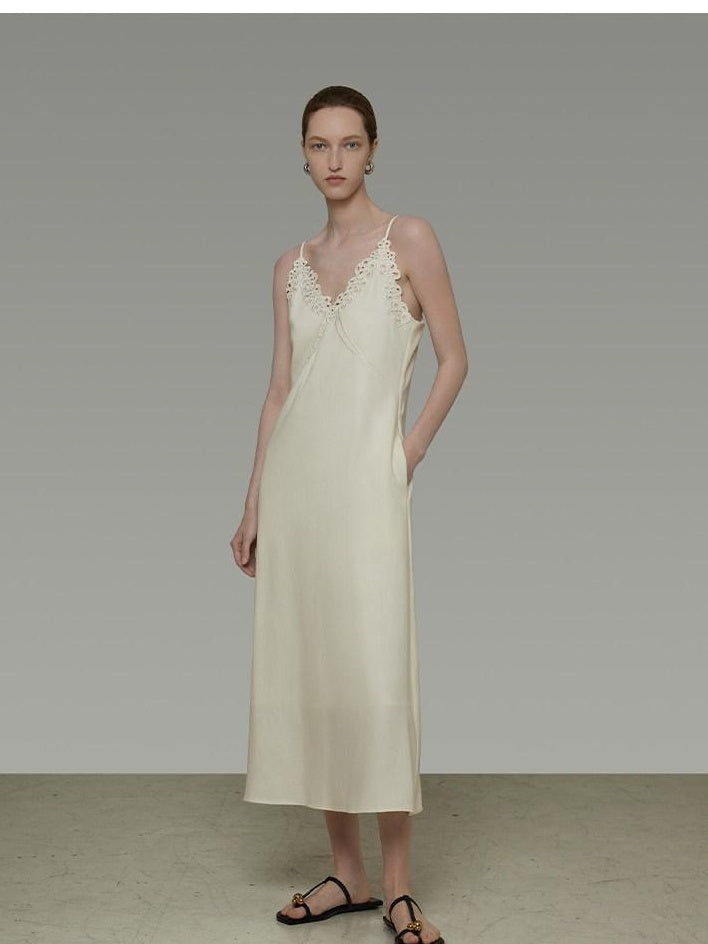 unspoken Embroidered Tencel A Line Cami V-neck Natural Waist Office White Maxi Dresses