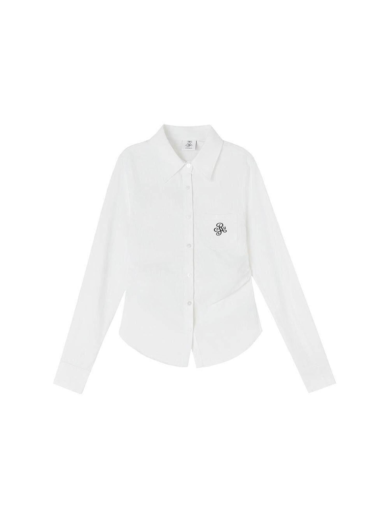 ikyou Embroidered Pleat Slim Fit Office Cotton Blend Collared Long Sleeve Blouses