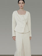 unspoken Slim Office Button Front Long Sleeve Cream Polyester Women Top & Skirt Sets