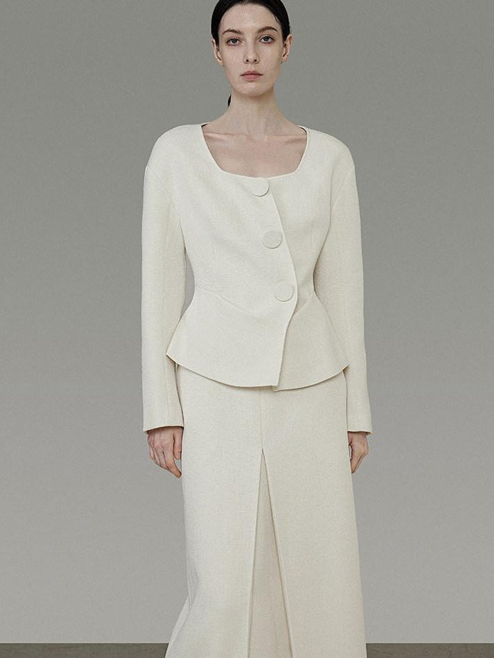 unspoken Slim Office Button Front Long Sleeve Cream Polyester Women Top & Skirt Sets