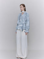 someone sometimes Glacier Blue Polyester V-neck Long Bell Sleeve Loose Fit Office Work Blouses