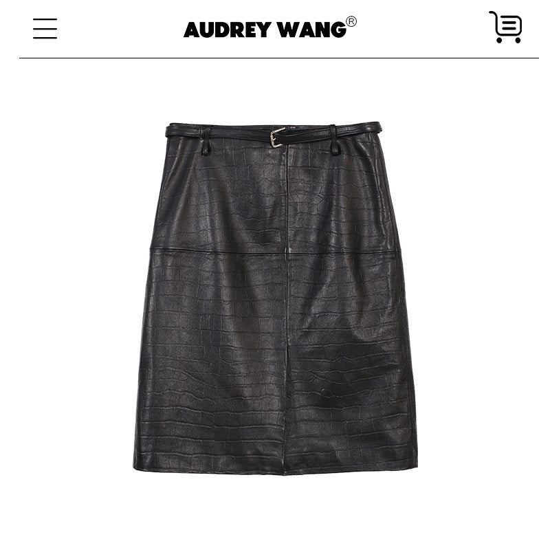 audreyyang_Premium_Sheepskin_Mid_Waist_Straight_Front_Slit_Black_Women_Leather_Midi_Skirts_MISSTT