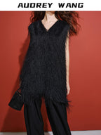 audreyyang Polyester V-neck Mid Length Loose Fit Single Wear Women Casual Vests
