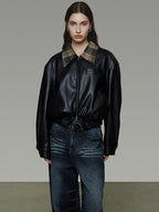unspoken Commuter Loose Cropped Colorblock Patchwork Lapel Zipper Leather Jackets