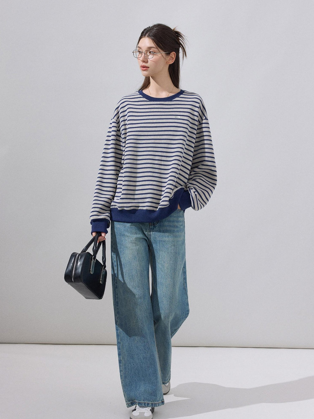 ikyou Soft Cotton Blend Loose Fit Striped Pullover Women Blue Gray Sweaters