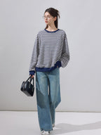 ikyou Soft Cotton Blend Loose Fit Striped Pullover Women Blue Gray Sweaters