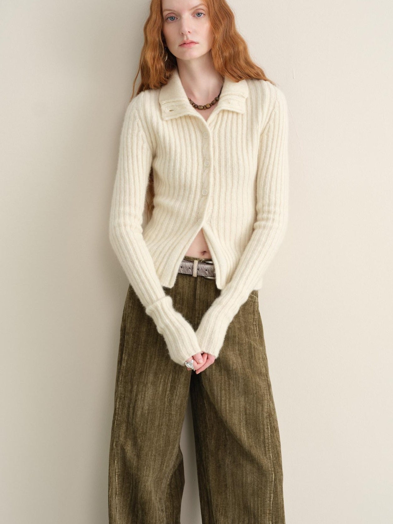 someonesometimes Soft Wool Cotton Blend Slim Fit Side Slit Cropped Button Crewneck Womens Cardigans