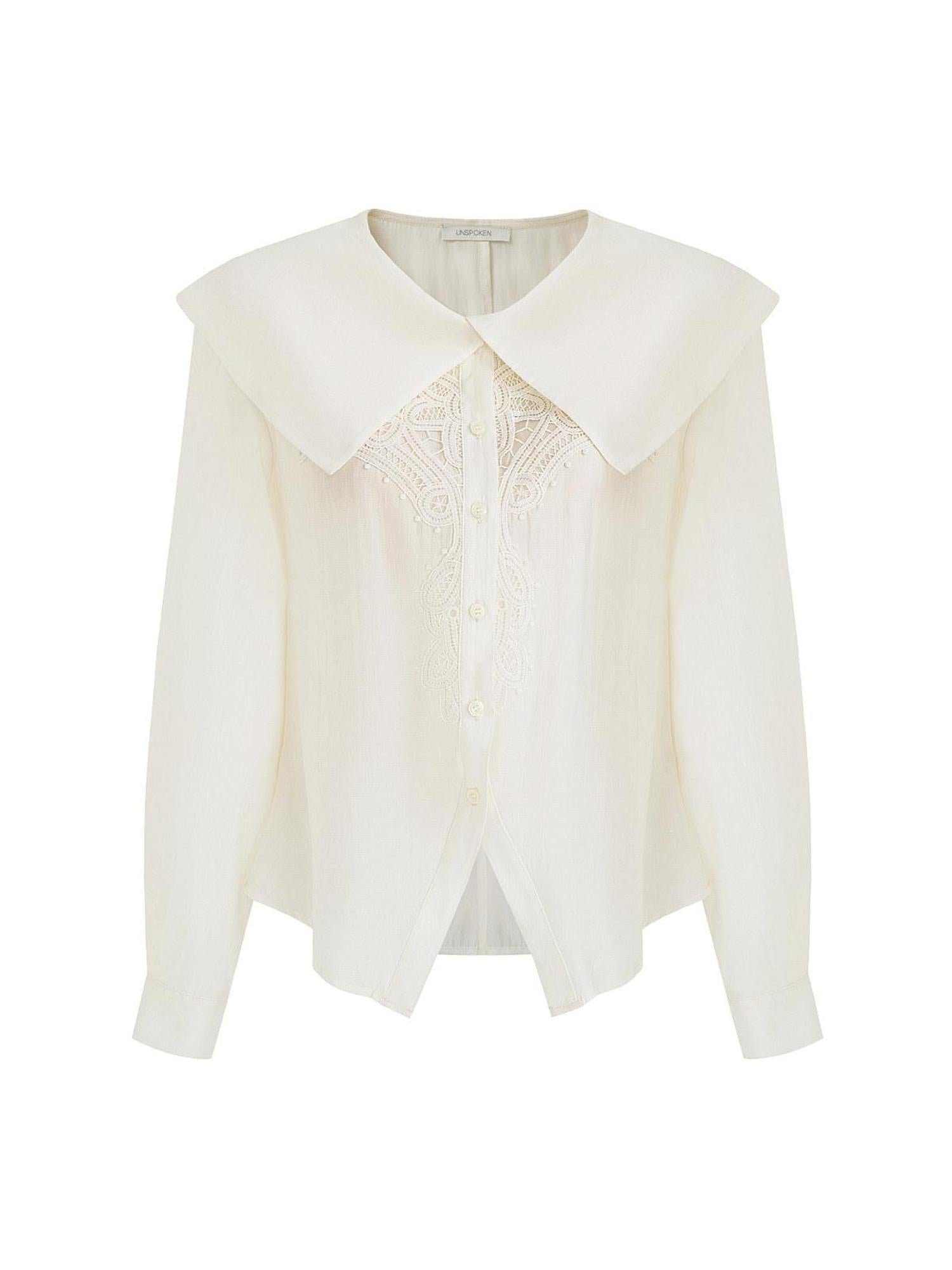unspoken Lyocell Embroidered Doll Collar Loose Fit Women White Button Long Sleeve Blouses