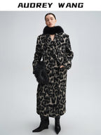 audreyyang Thick Wool Blend Retro Loose Leopard Double Breasted Lapel Long Coats