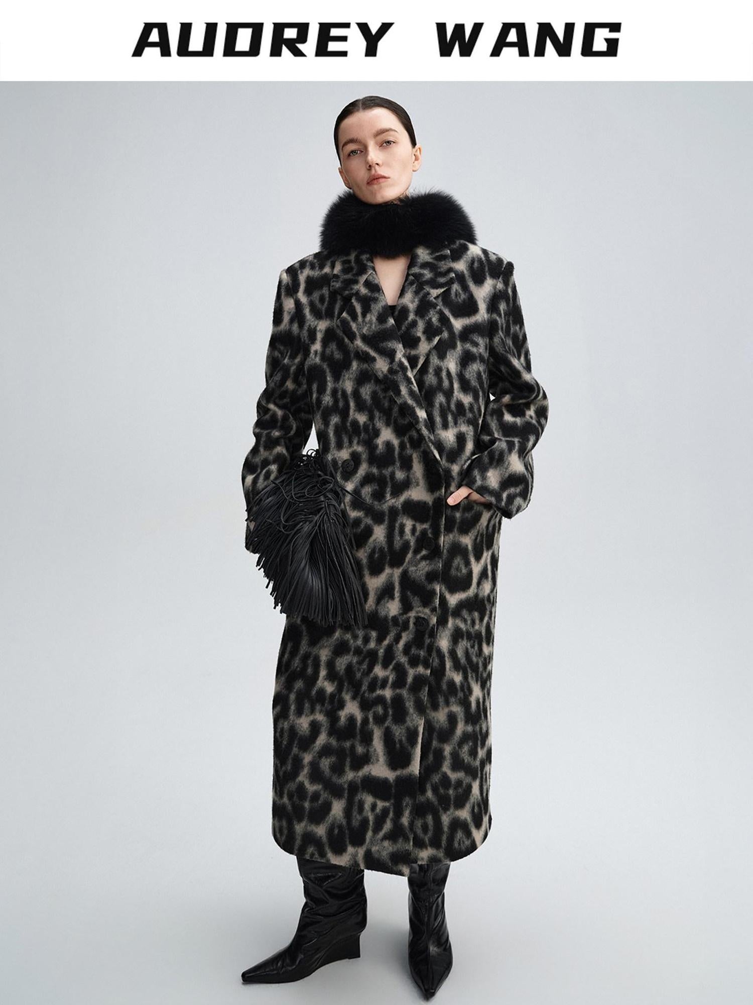 audreyyang Thick Wool Blend Retro Loose Leopard Double Breasted Lapel Long Coats